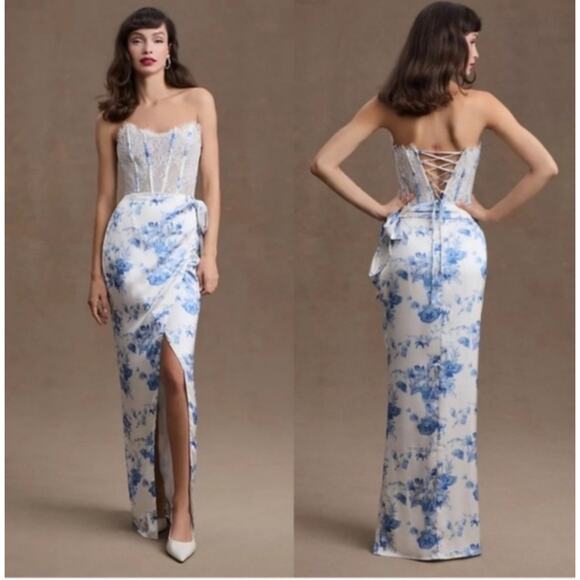 V. Chapman Wrap-Skirt Lace-Corset Front-Slit Column Gown Blue Size 10 NWOT - Picture 5 of 13